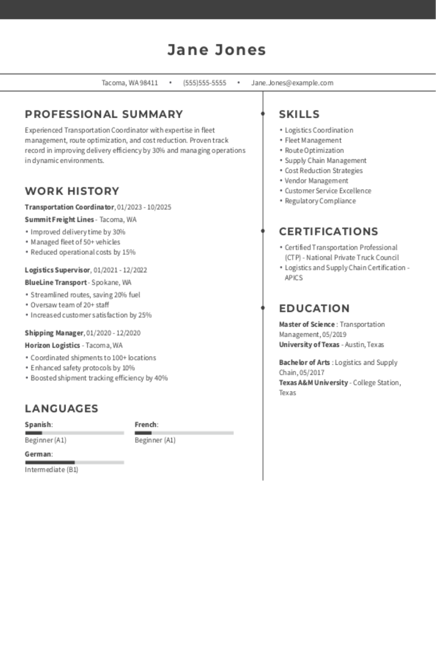 Transportation Coordinator Resume Example Transportation Coordinator Resume Example