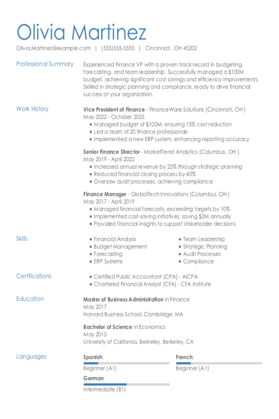 Vice President of Finance Resume Example