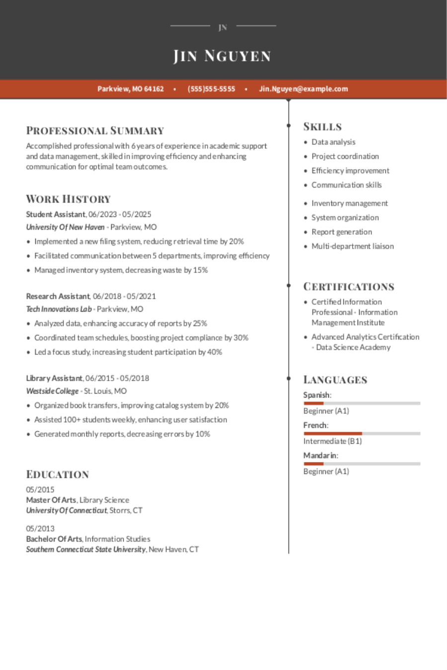 Student Assistant Resume Example