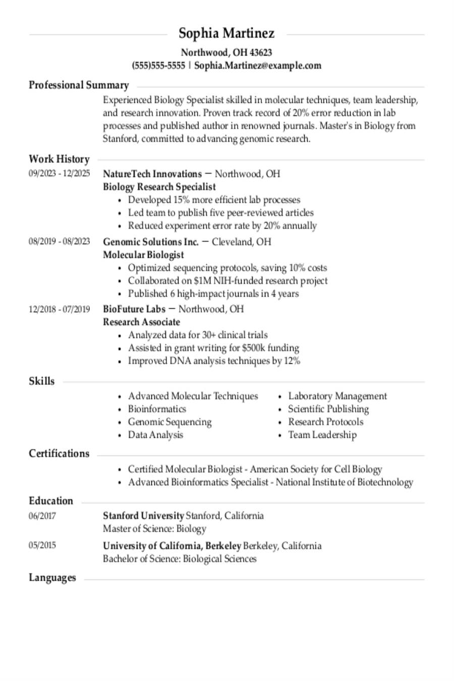 Biology Resume: Examples & Templates Biology Resume: Examples & Templates