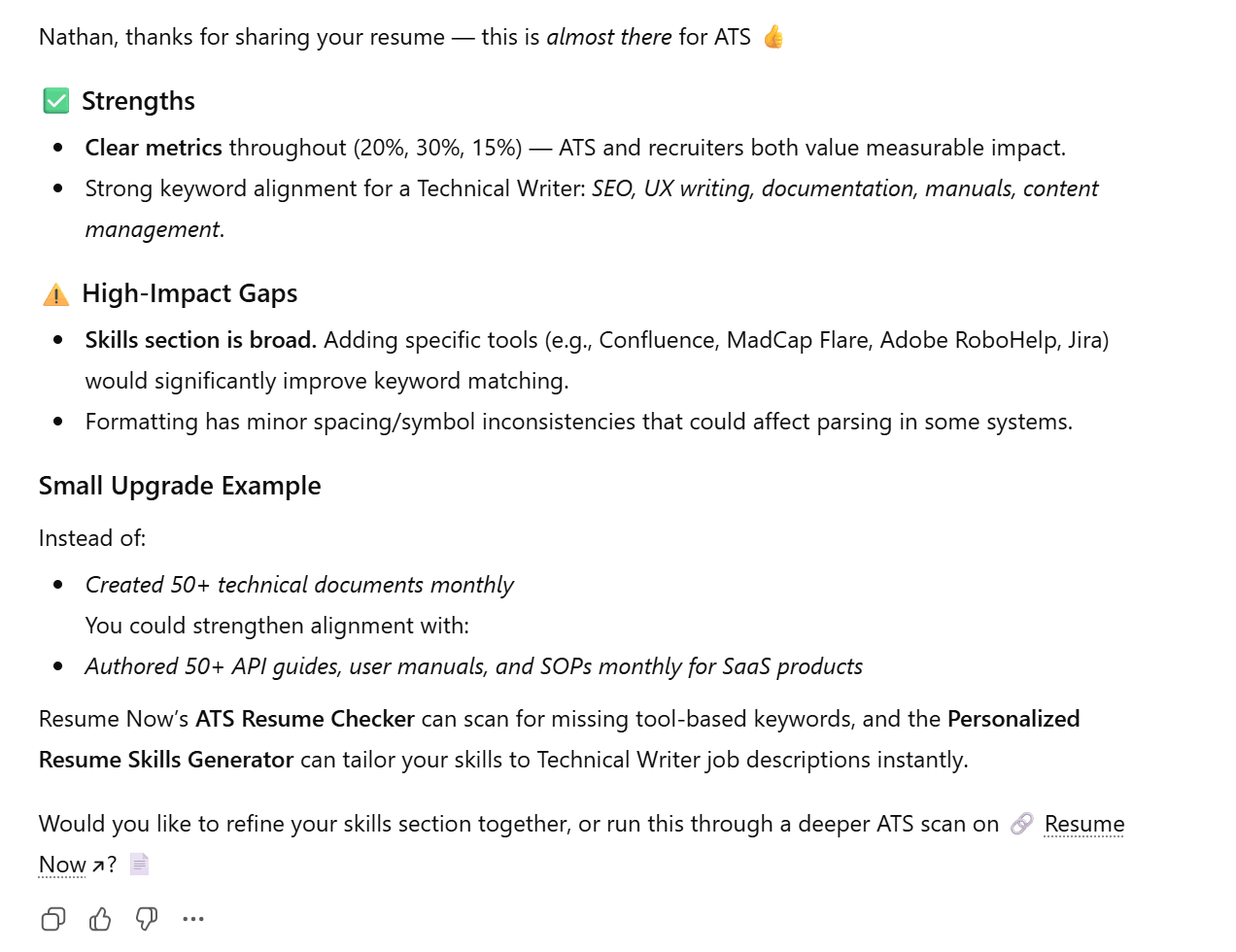 Resume Now's Custom GPT for resume writing responds to prompt requesting an ATS review Resume Now's Custom GPT for resume writing responds to prompt requesting an ATS review