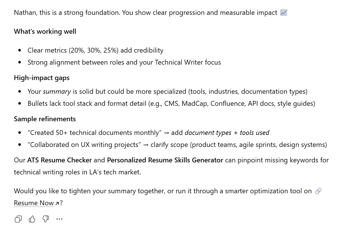 Resume Now's Custom GPT for resume writing responds to prompt requesting suggestions to improve a resume Resume Now's Custom GPT for resume writing responds to prompt requesting suggestions to improve a resume