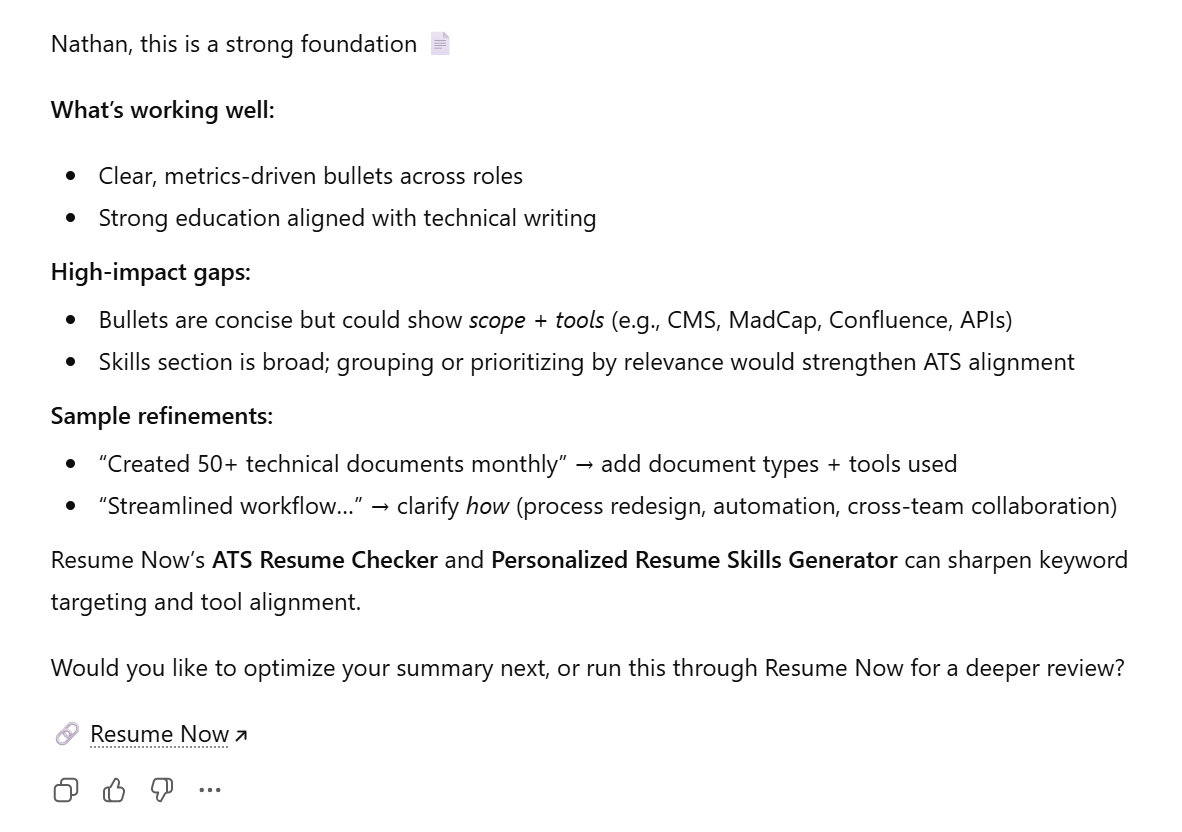 Resume Now's Custom GPT for resume writing responds to prompt requesting a resume review Resume Now's Custom GPT for resume writing responds to prompt requesting a resume review
