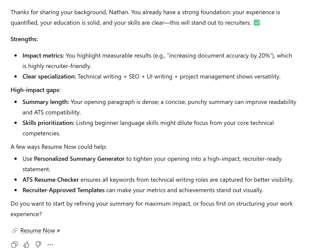 Resume Now's Custom GPT for resume writing responds to prompt requesting that it start the user's resume Resume Now's Custom GPT for resume writing responds to prompt requesting that it start the user's resume