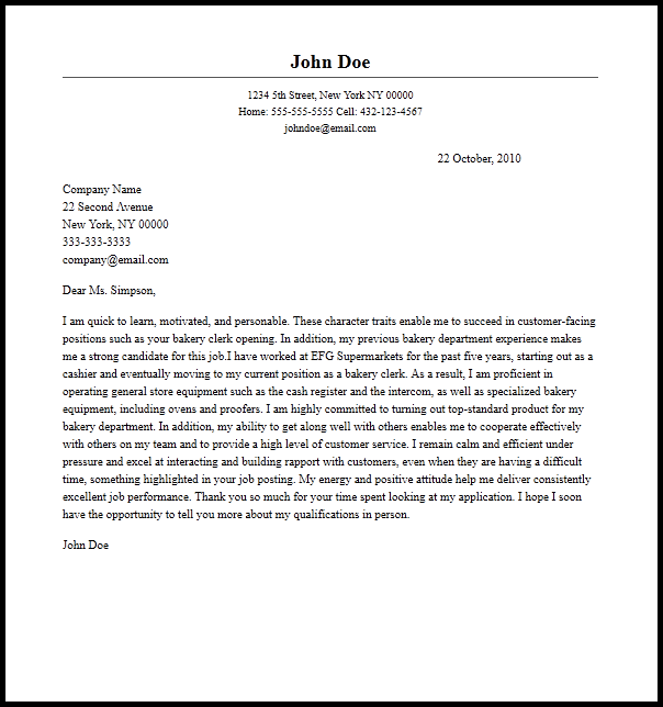 Professional Bakery Clerk Cover Letter Sample  Writing Guide