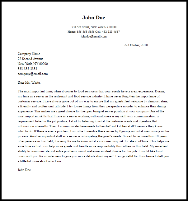 Professional Banquet Server Cover Letter Sample  Writing Guide