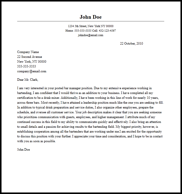 Professional Bar Manager Cover Letter Sample  Writing Guide