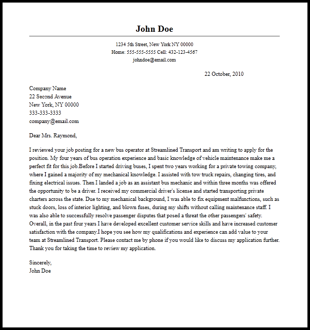 Professional Bus Operator Cover Letter Sample  Writing Guide