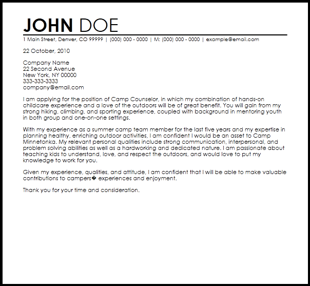 Free Camp Counselor Cover Letter Templates