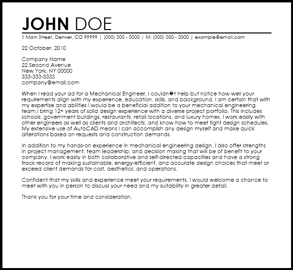 Mechanical Engineer Cover Letter Sample