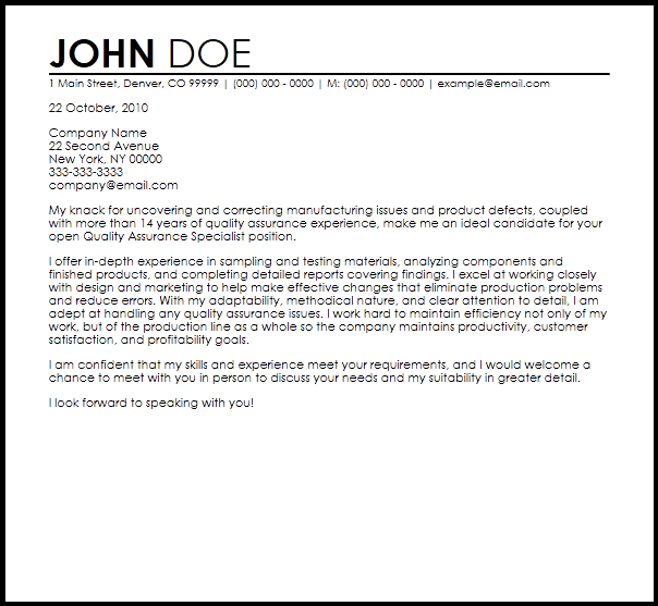 Free Quality Assurance Specialist Cover Letter Templates