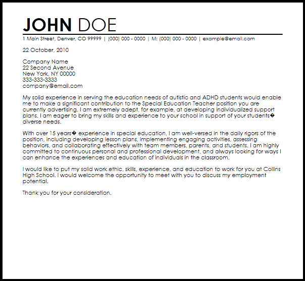 Free Special Education Teacher Cover Letter Templates