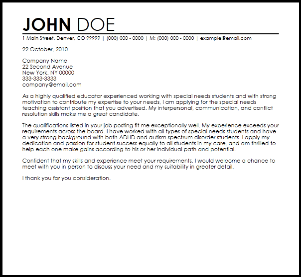 Free Special Needs Teaching Assistant Cover Letter Templates