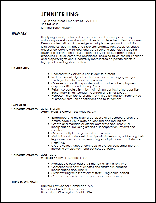 Free Contemporary In House Lawyer Resume Example