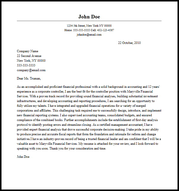 Professional Controller Cover Letter Sample  Writing Guide
