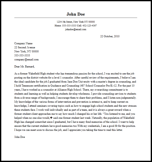 Professional Counselor Cover Letter Sample  Writing Guide