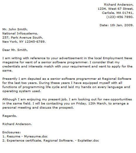 job application letter for the post of computer programmer