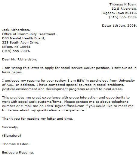 sample cover letter for job application social worker