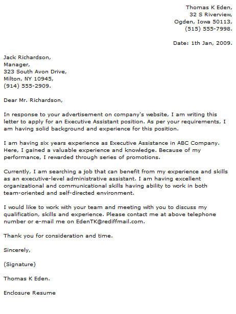A cover letter example for an Executive Assistant