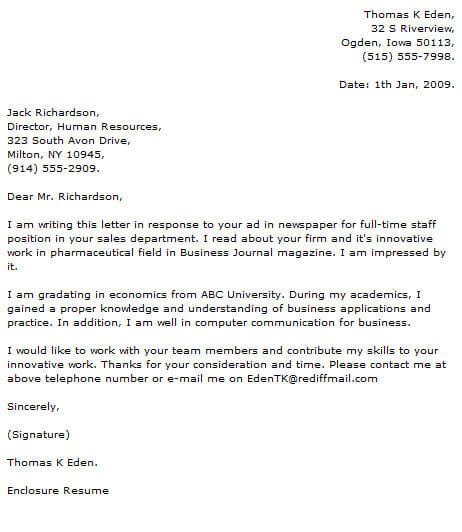 A cover letter example for Sales