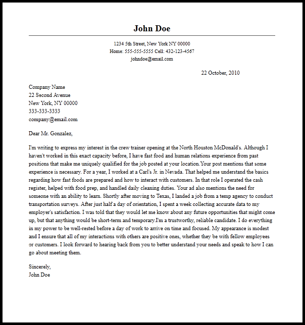 Professional Crew Trainer Cover Letter Sample  Writing Guide