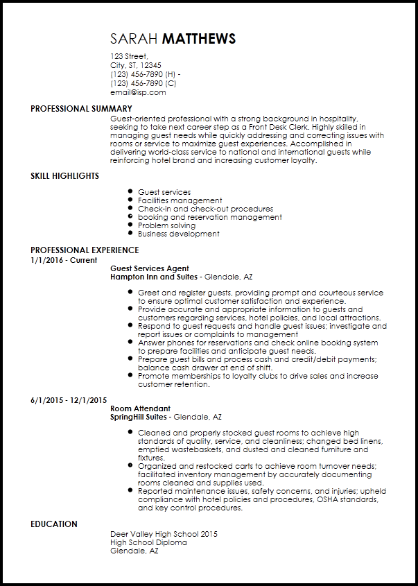 entry level hotel and hospitality resume example