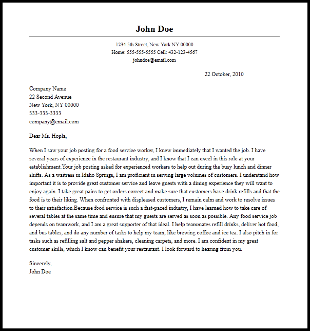 Professional Food Service Worker Cover Letter Sample  Writing Guide