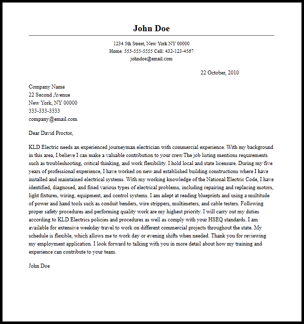 Professional Journeyman Electrician Cover Letter Sample  Guideline