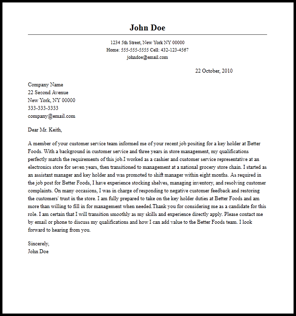 Professional Key Holder Cover Letter Sample  Writing Guide