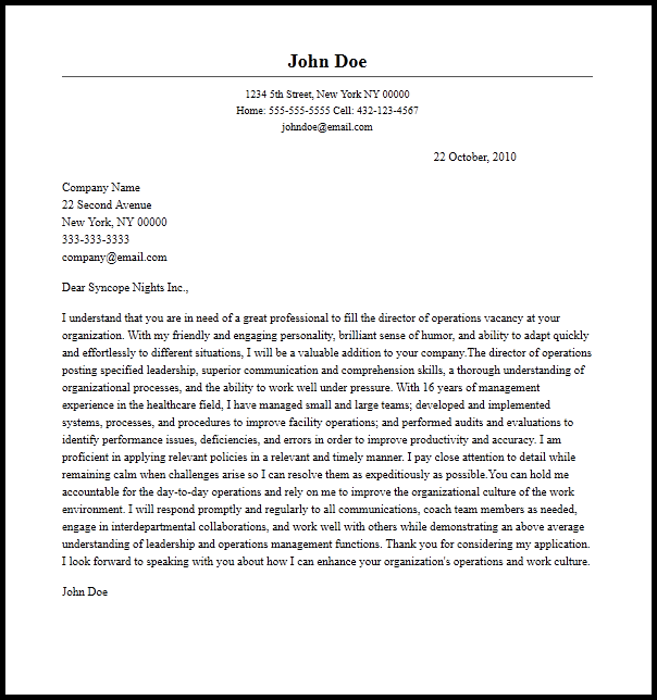 Professional Director Of Operations Cover Letter Sample  Guideline
