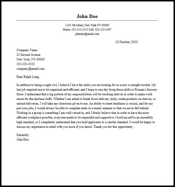 Professional Overnight Stocker Cover Letter Sample  Writing Guide