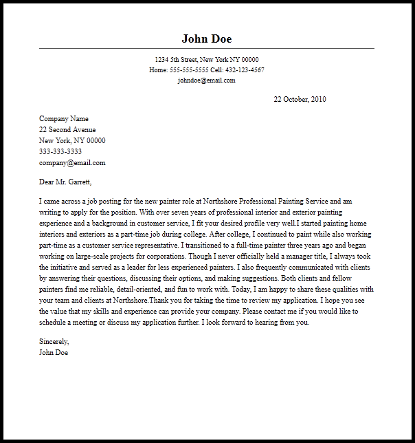 Professional Painter Cover Letter Sample  Writing Guide