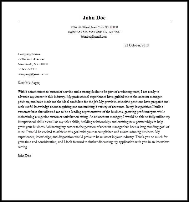 Professional Account Manager Cover Letter Sample  Writing Guide