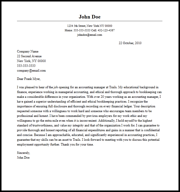 Professional Accounting Manager Cover Letter Sample  Writing Guide