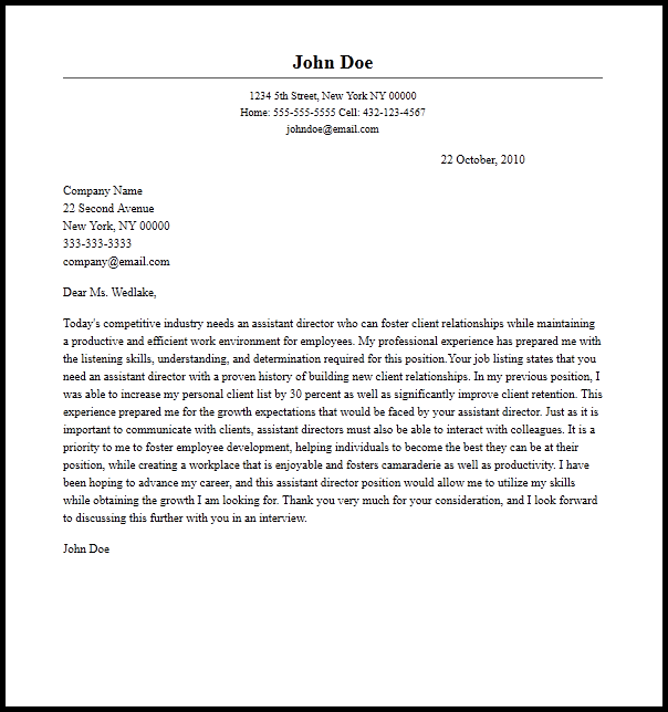 Professional Assistant Director Cover Letter Sample  Writing Guide