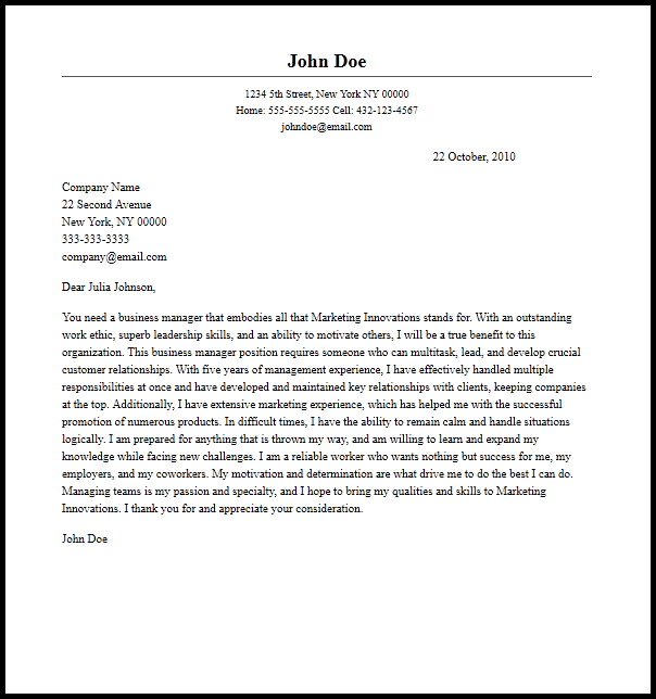 Professional Business Manager Cover Letter Sample  Writing Guide