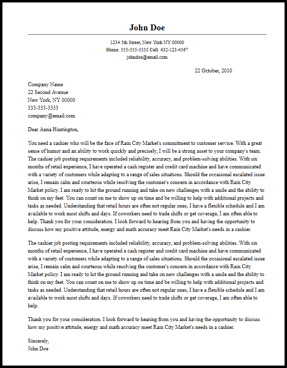 Professional Cashier Cover Letter Sample  Writing Guide