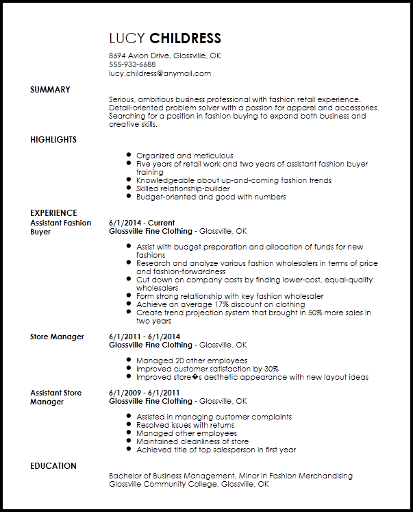 Professional Fashion Assistant Buyer Resume Example Guide