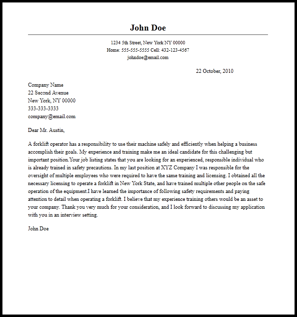 Professional Forklift Operator Cover Letter Sample  Writing Guide