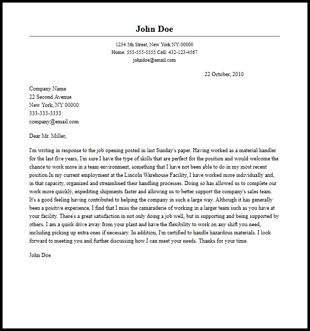 Professional Material Handler Cover Letter Sample  Writing Guide