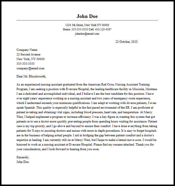 Professional Nursing Assistant Cover Letter Sample  Writing Guide