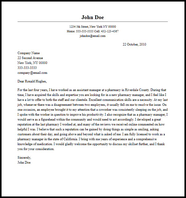 Professional Pharmacy Manager Cover Letter Sample  Writing Guide