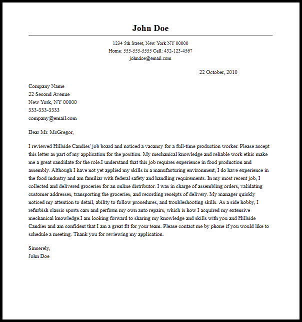 Professional Production Worker Cover Letter Sample  Writing Guide