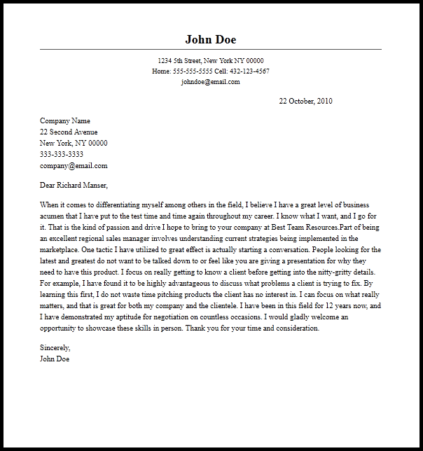 cover letter sample of sales manager position