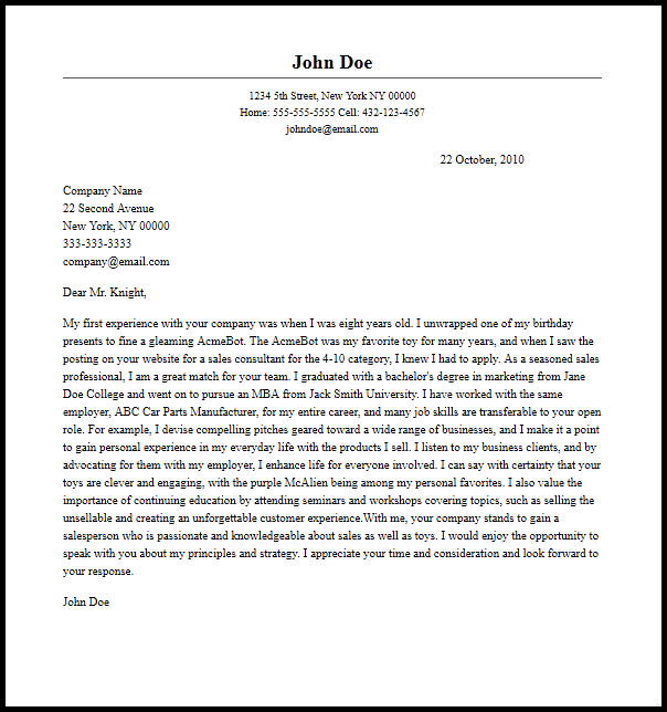 Professional Sales Consultant Cover Letter Sample  Writing Guide