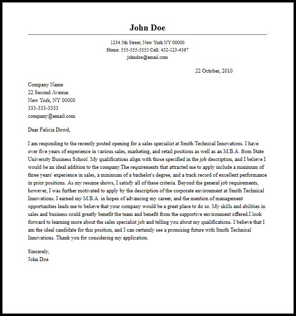 Professional Sales Specialist Cover Letter Sample  Writing Guide
