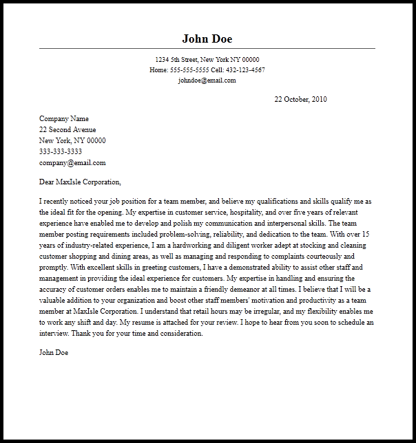 Professional Team Member Cover Letter Sample  Writing Guide