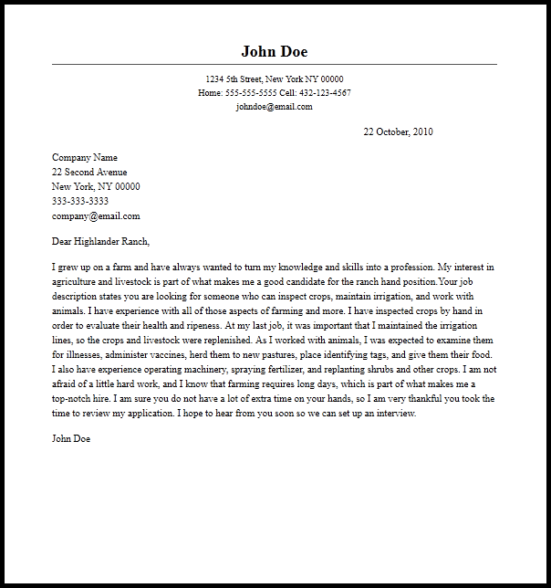 Professional Ranch Hand Cover Letter Sample  Writing Guide