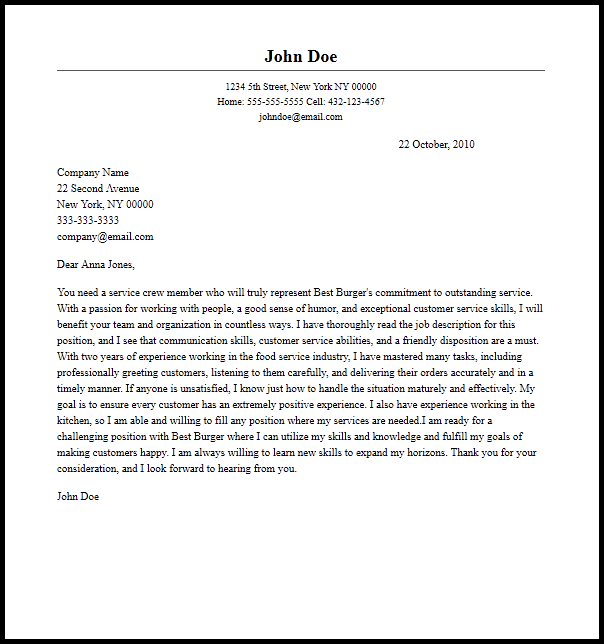 Professional Service Crew Cover Letter Sample  Writing Guide