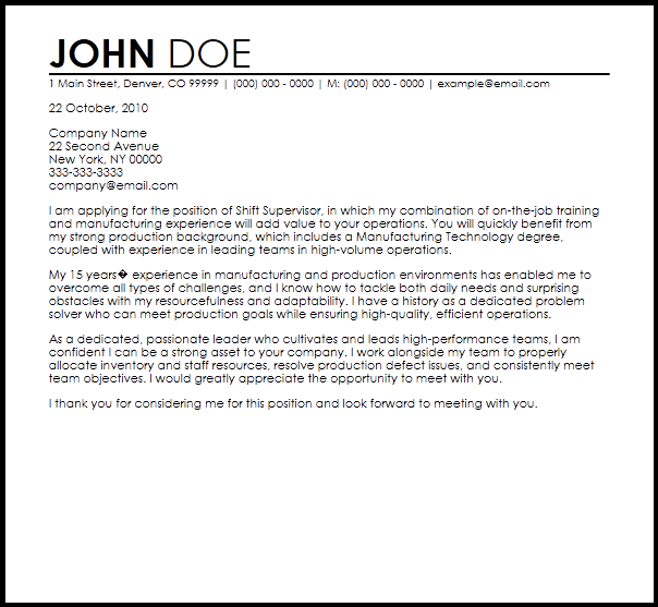 Free Shift Supervisor Cover Letter Templates